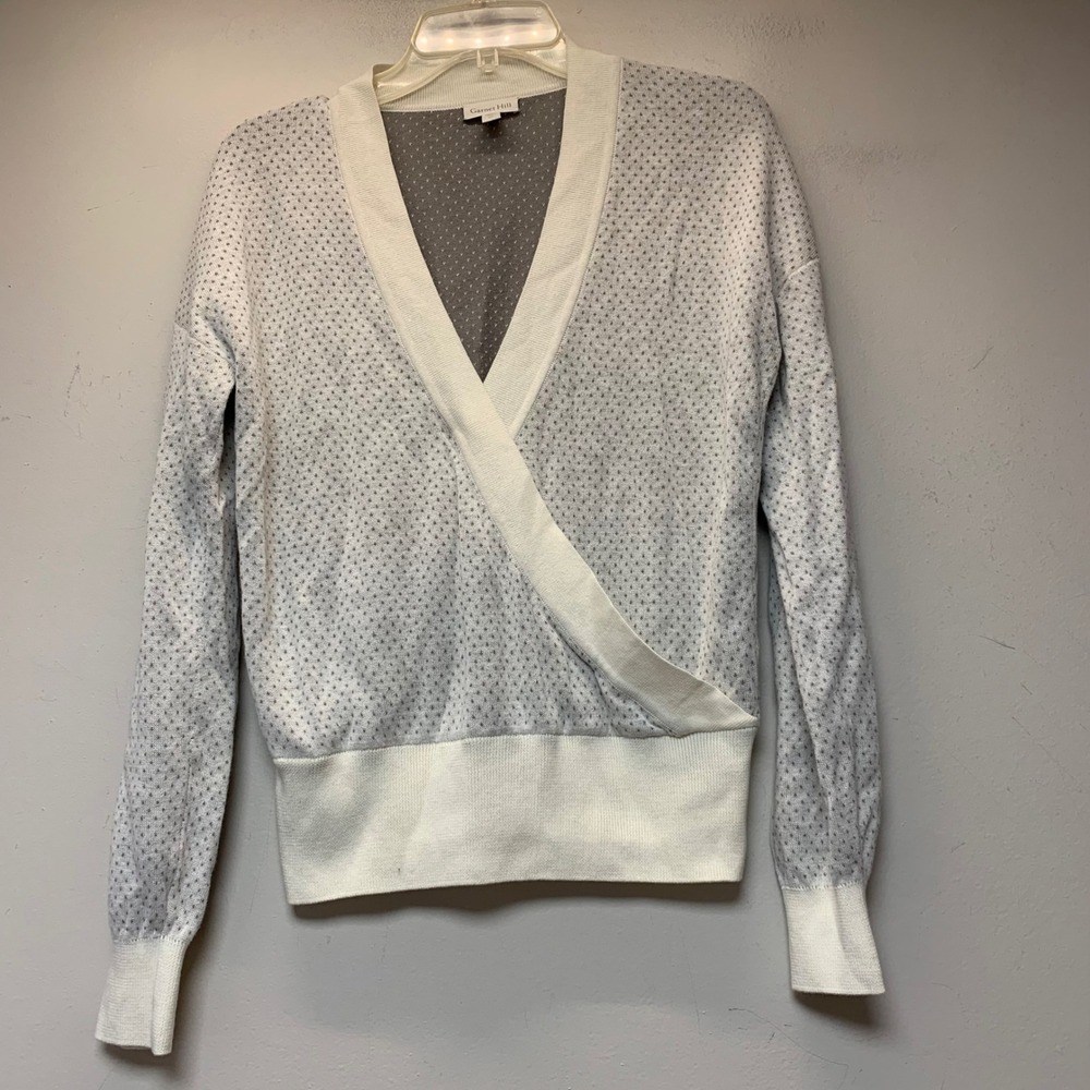 Garnet Hill Wrap Sweater Womens XS Grey White Excellent Pima Cotton V-Neck